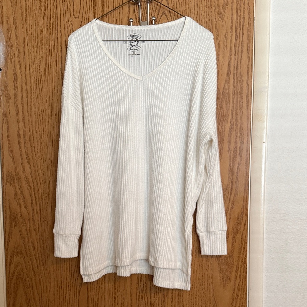 Vintage Victory Sportswear Ivory V-Neck Ribbed Long Sleeve Tunic Top Momcore MED